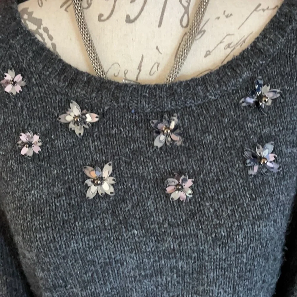 Lane Bryant- Gray sweater with flower embellishments round the neck.
